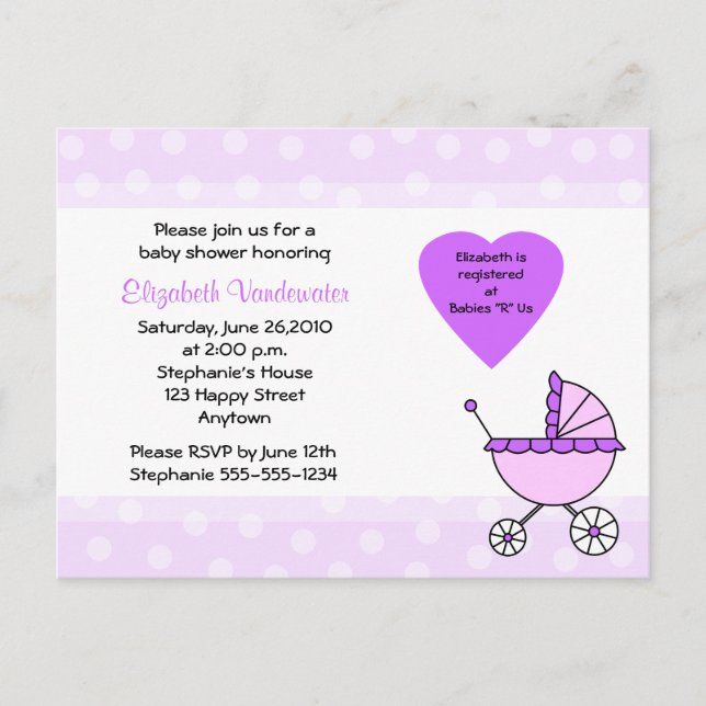 Purple Baby Shower Invitation Carriage Postcard (Front)