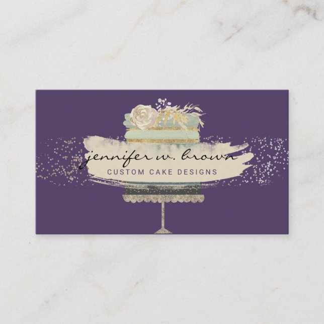 Purple Background Bakery Bright Wedding Cake Business Card (Front)