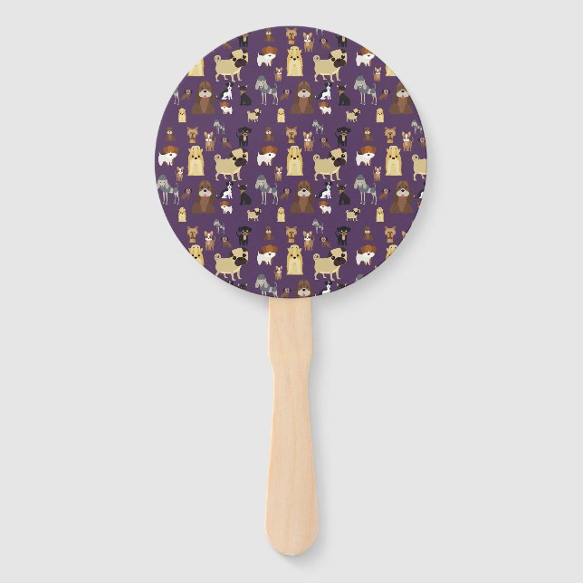 purple background dogs pattern. hand fan (Front)