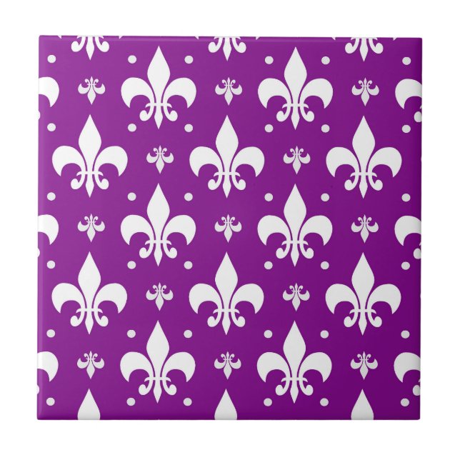 Purple Background Fleur-de-lis Pattern Design  Ceramic Tile (Front)