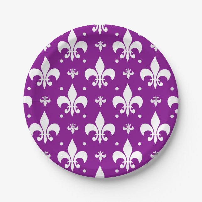 Purple Background Fleur-de-lis Pattern Design  Paper Plate (Front)