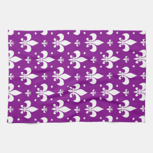 Purple Background Fleur-de-lis Pattern Design Tea Towel