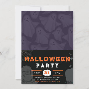 Purple Background w/ White Ghosts Black Halloween Invitation