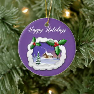 Purple Background with Christmas Tree, House Ceramic Ornament