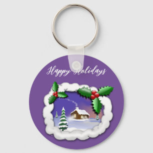 Purple Background with Christmas Tree, House Key Ring