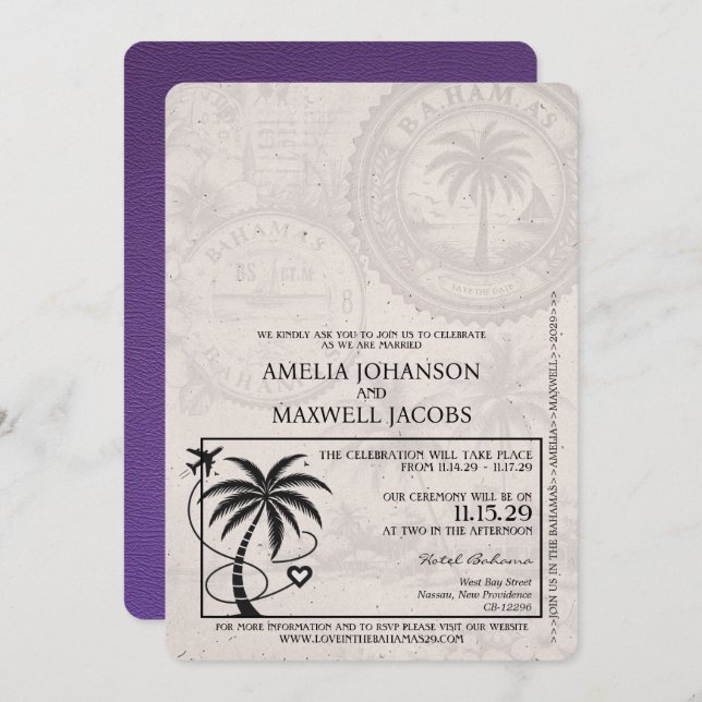 Purple Bahamas Passport Wedding Invitation (Front/Back)