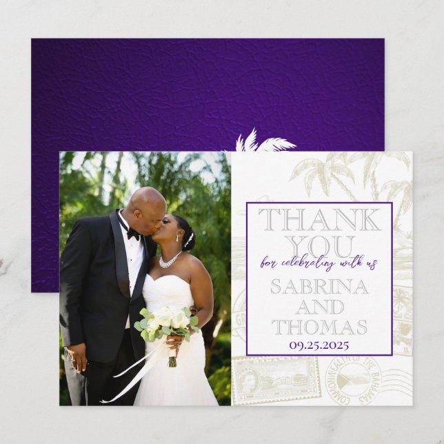 Purple Bahamas Wedding Photo Thank You Card (Front/Back)