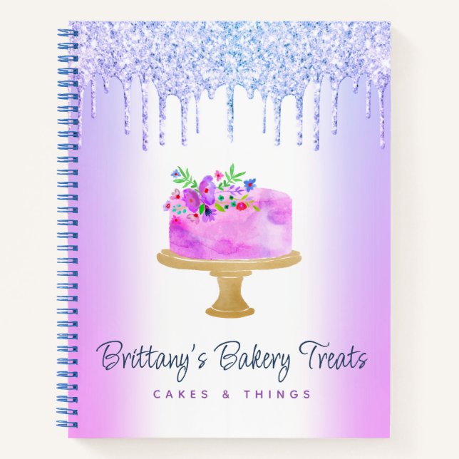 Purple Bakery Cake Glitter Drips Pastry Dessert Notebook (Front)