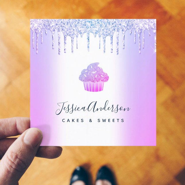 Purple Bakery Cupcake Pastry Chef Glitter Drips Square Business Card (Creator Uploaded)