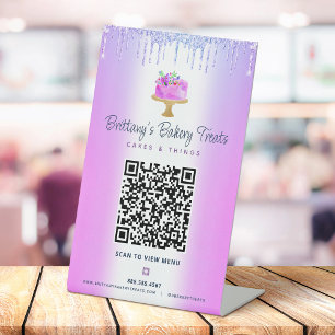 Purple Bakery QR Code Scan Menu Cake Glitter Drips Pedestal Sign