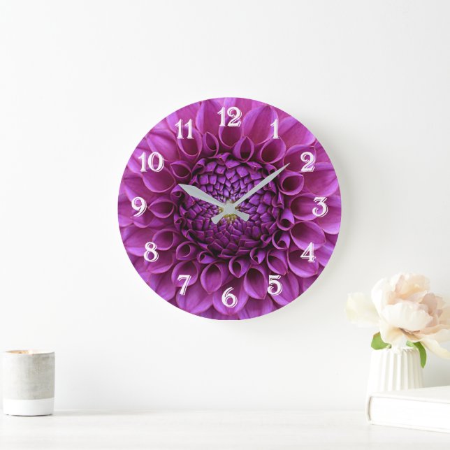 Purple Ball Dahlia Floral Large Clock (Home)