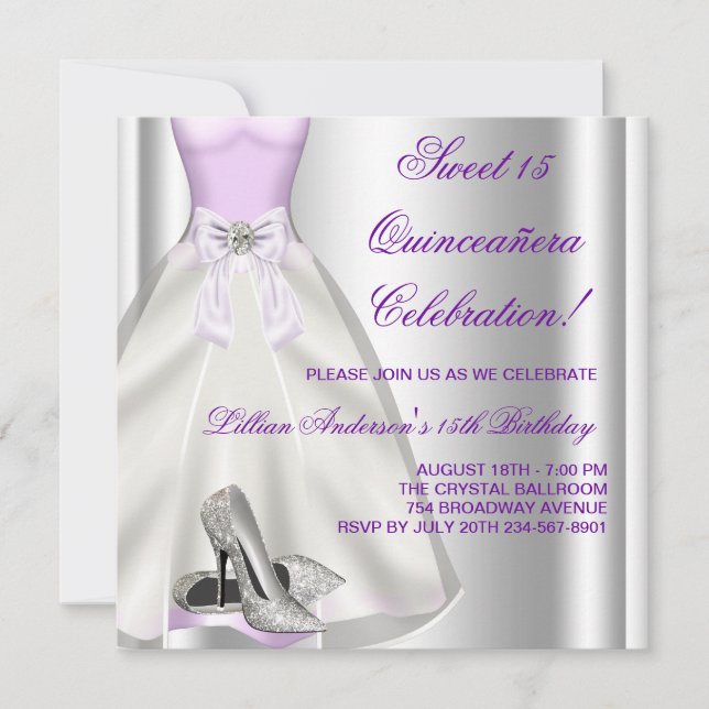 Purple Ball Gown High Heel Shoes Quinceanera Invitation (Front)