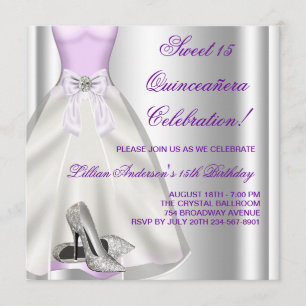 Purple Ball Gown High Heel Shoes Quinceanera Invitation
