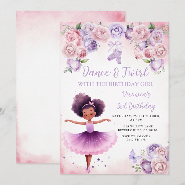 Purple Ballerina 3rd Birthday Invitation (Front/Back)