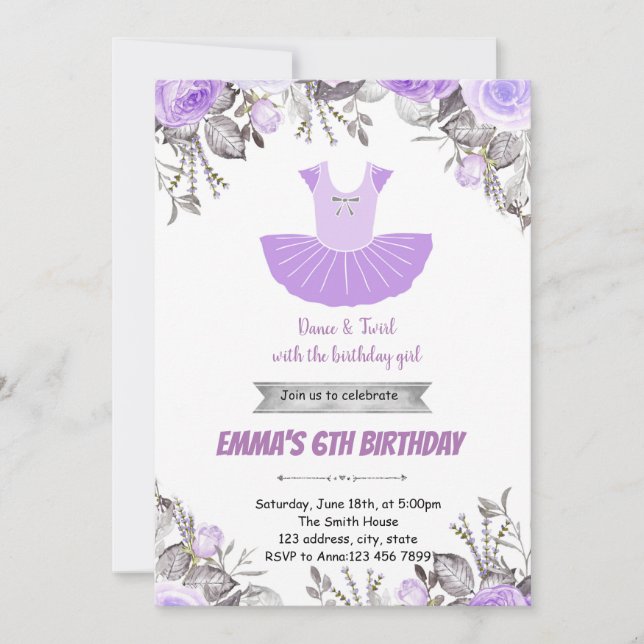 Purple ballerina BIRTHDAY party invitation (Front)