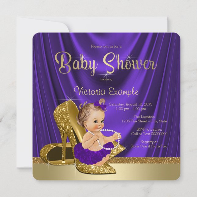 Purple Ballerina Pearls Gold Shoe Baby Shower Invitation (Front)