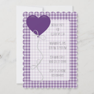 Purple Balloon and Gingham Birthday Invitation
