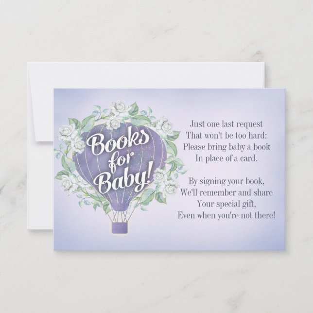 Purple Balloon Baby Shower Book Card Bring A Book (Front)
