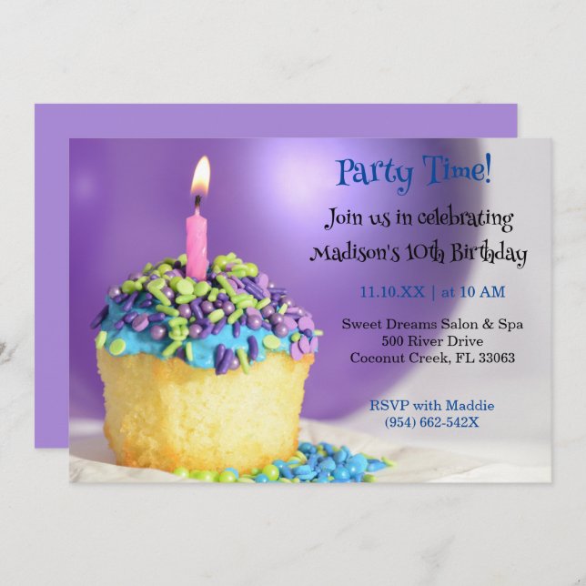Purple  Balloon blue cupcake Birthday Invitation (Front/Back)