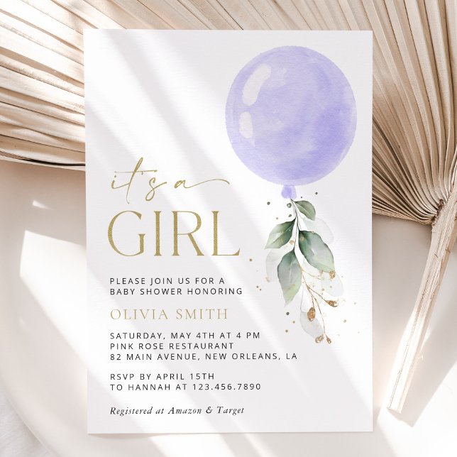 Purple Balloon, Eucalyptus, Greenery, Baby Shower Invitation (Creator Uploaded)