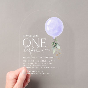 Purple Balloon, Greenery, Foliage, First Birthday Acrylic Invitations