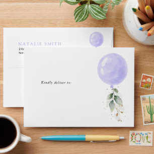 Purple Balloon, Greenery, Foliage, First Birthday Envelope