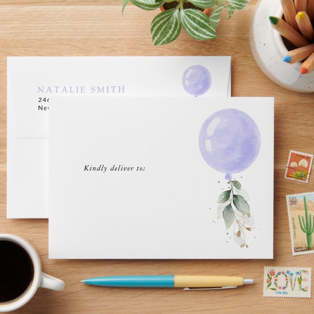 Purple Balloon, Greenery, Foliage, First Birthday Envelope (Desk)