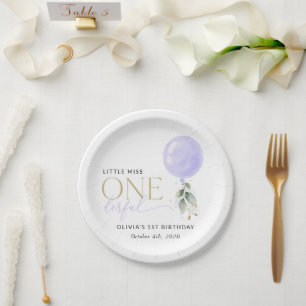Purple Balloon, Greenery, Foliage, First Birthday Paper Plate