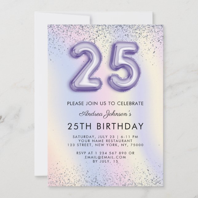 Purple Balloon Number 25th Birthday Holographic Invitation (Front)