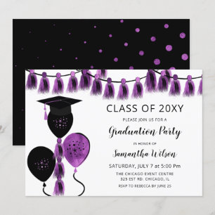 Purple Balloons Grad Hat Graduation Party Invitation