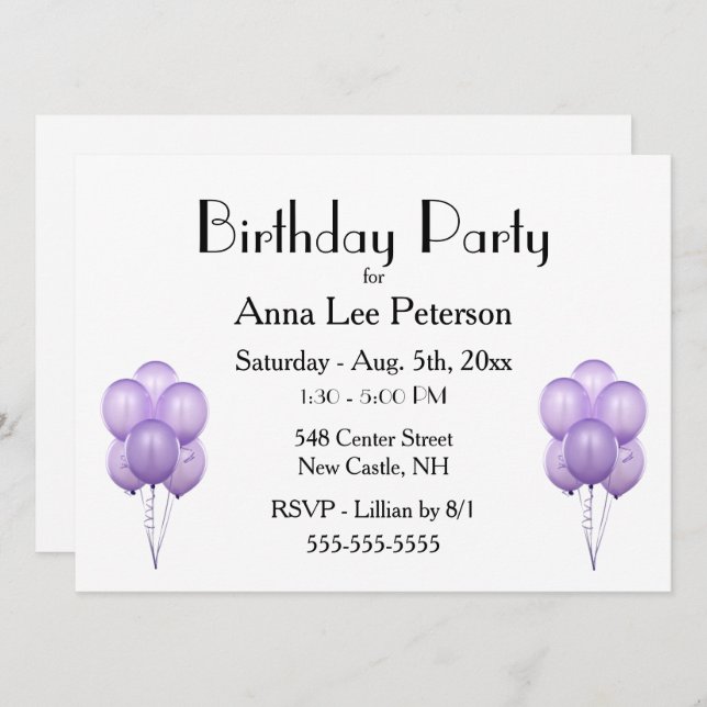 Purple Balloons Invitation (Front/Back)