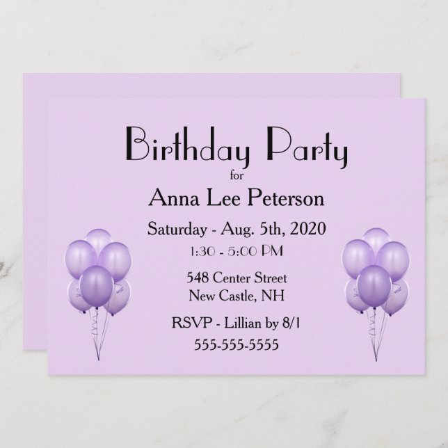 Purple Balloons Invitation (Front/Back)