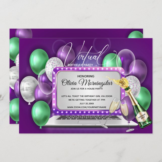 Purple Balloons Laptop Virtual Birthday Party Invitation (Front/Back)