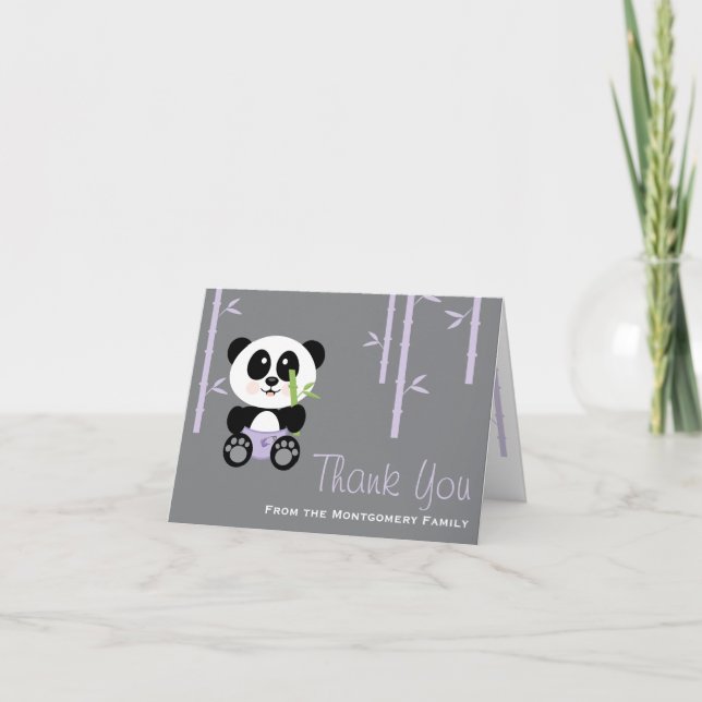 Purple Bamboo Panda Diaper Baby Shower Thank You Card (Front)