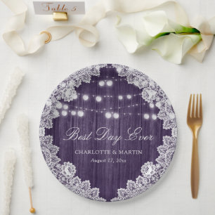 Purple Barn Wood Lace String Lights Wedding Paper Plate