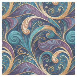 Purple & Baroque Teal Gold Swirl Floral Pattern Fabric