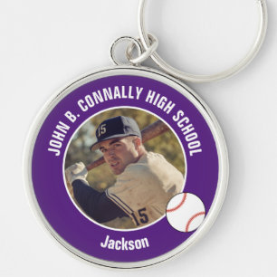Purple Baseball Player Photo High School Spirit Key Ring