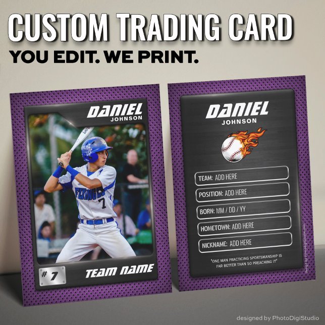 Purple Baseball Trading Card Baseball Player (Custom Baseball Trading Card, Modern Purple Player Card)