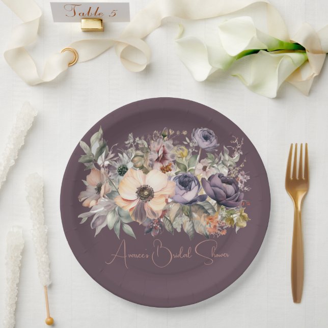 Purple Basil Floral Bouquet  Shower Paper Plate (Wedding)