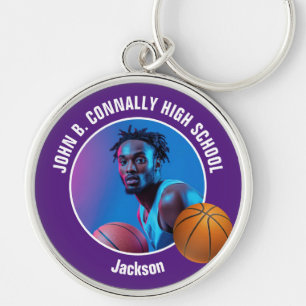 Purple Basketball Player Photo High School Spirit Key Ring