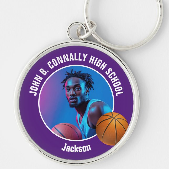 Purple Basketball Player Photo High School Spirit Key Ring (Front)