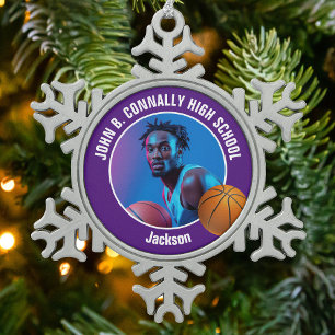 Purple Basketball Player Photo Keepsake Gift Snowflake Pewter Christmas Ornament
