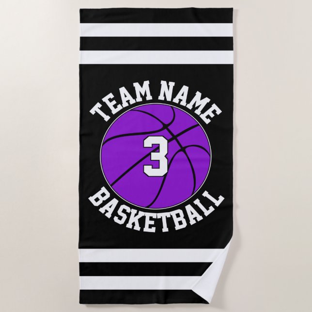 Purple Basketball Team Name & Player Number Custom Beach Towel (Front)