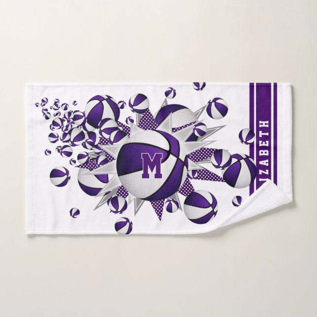 purple basketballs stars girls monogrammed hand towel (Hand Towel)