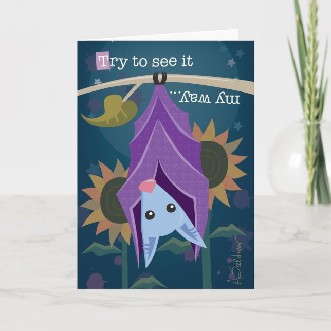 Purple Bat in Sunflower Field Greeting Card (Front)