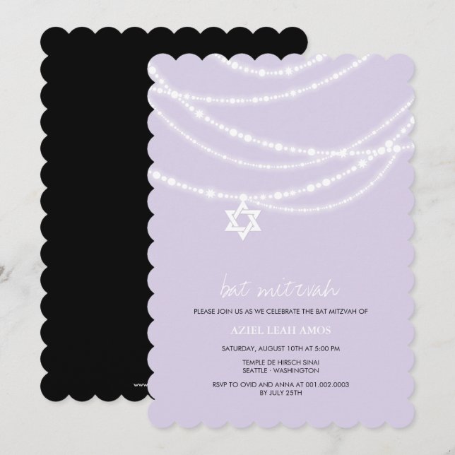 Purple Bat Mitzvah Sparkles Star Of David Invite (Front/Back)