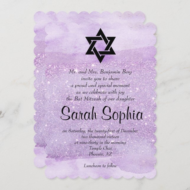 Purple Bat Mitzvah, Watercolor, Violet, Glitter Invitation (Front/Back)