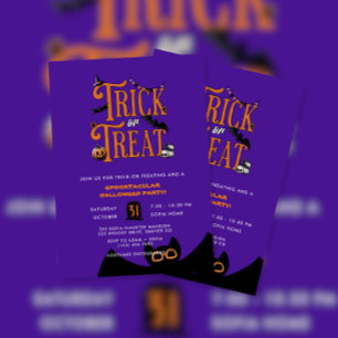 Purple Bat Pumpkin Tric or Treat Halloween Party Invitation