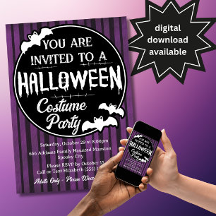 Purple Bats Halloween Costume Party Invitation