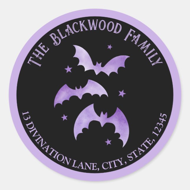 Purple Bats Halloween Return Address Classic Round Sticker (Front)